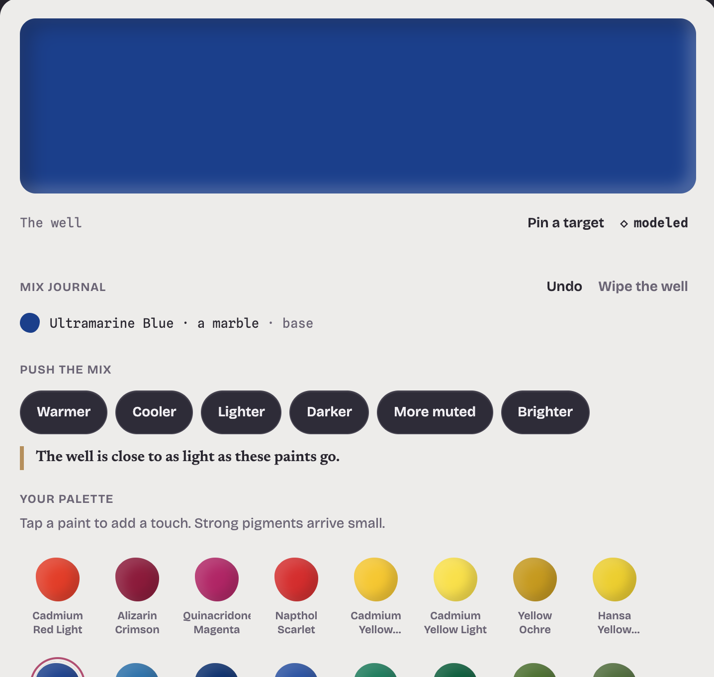 Lumira's Mixer showing a modeled blue paint mixture, mix journal, and adjustment controls